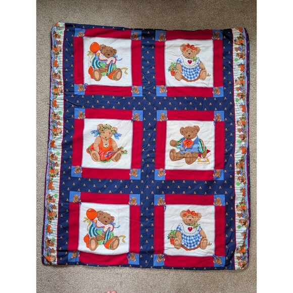 Vintage Teddy Bear Crib Quilt Baby Nursery Decor Country Handmade Throw Blanket - Picture 1 of 12